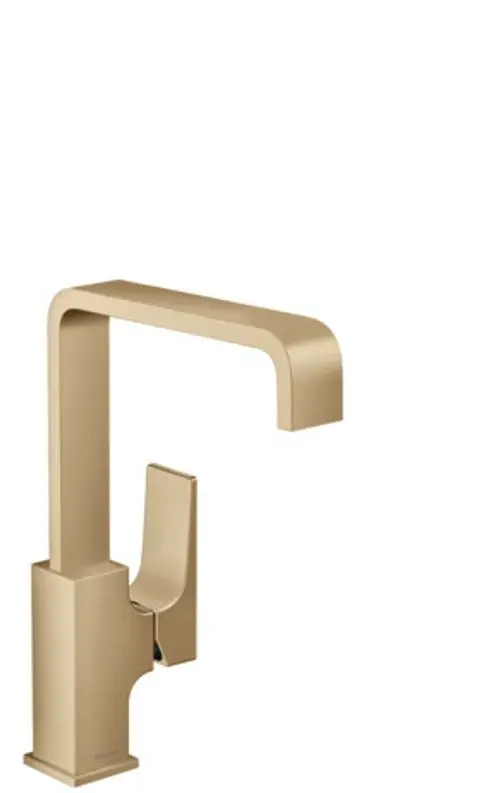 Hansgrohe Einhebel-Waschtischmischer in Brushed Bronze mit einem Hebelgriff und Push-Open Ablaufgarnitur, klare geometrische Formen und minimalistische Gestaltung.